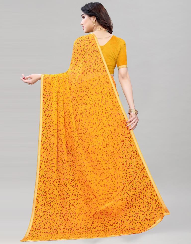 Mustard Coloured Printed Chiffon Saree | Sudathi