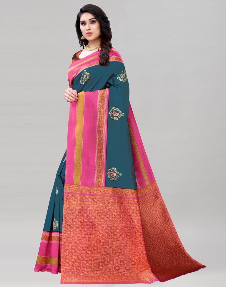 Teal Blue Coloured Poly Silk Printed Casual saree | Sudathi
