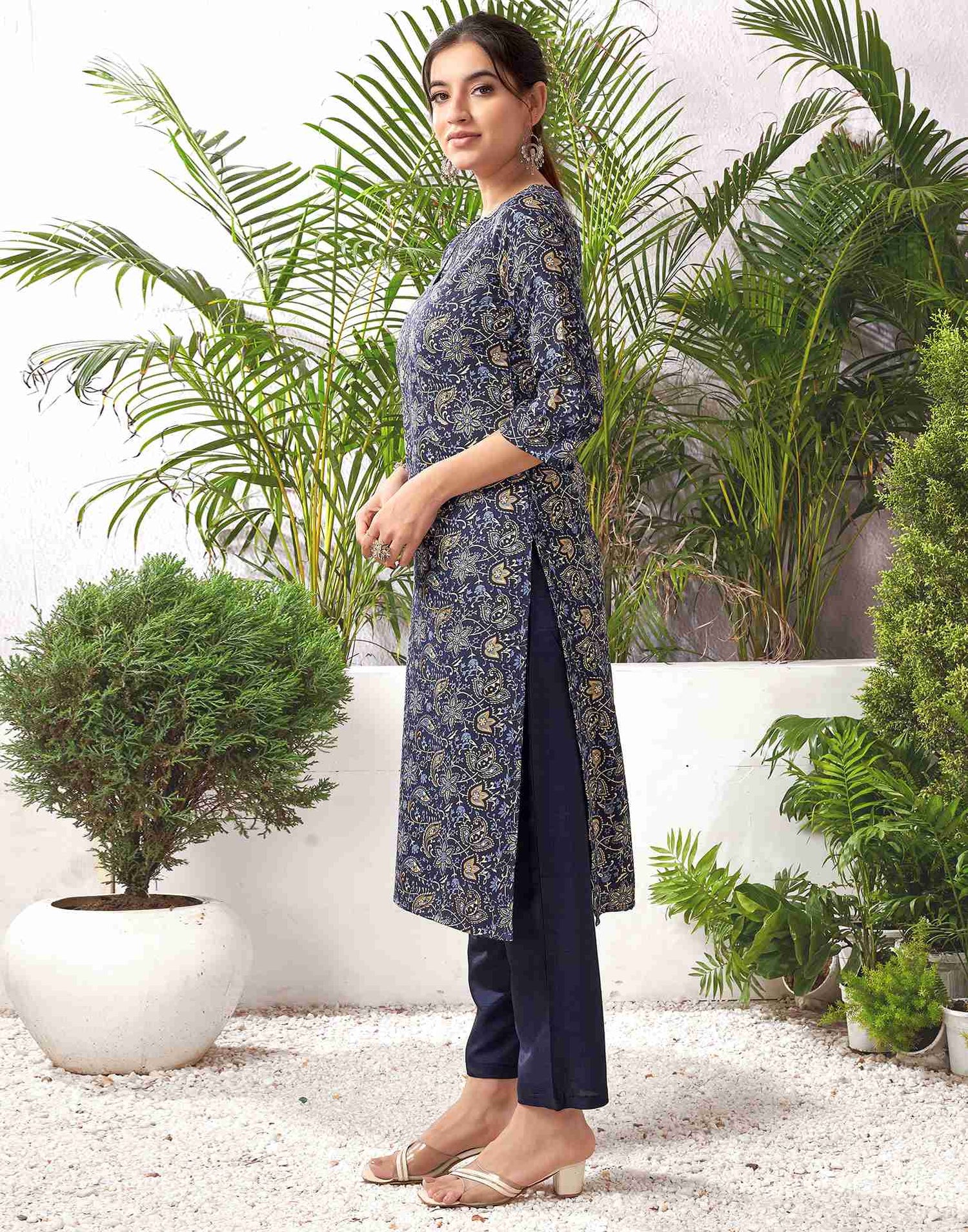 Navy Blue And Multicoloured Cotton Printed Straight Kurta Set With Dupatta