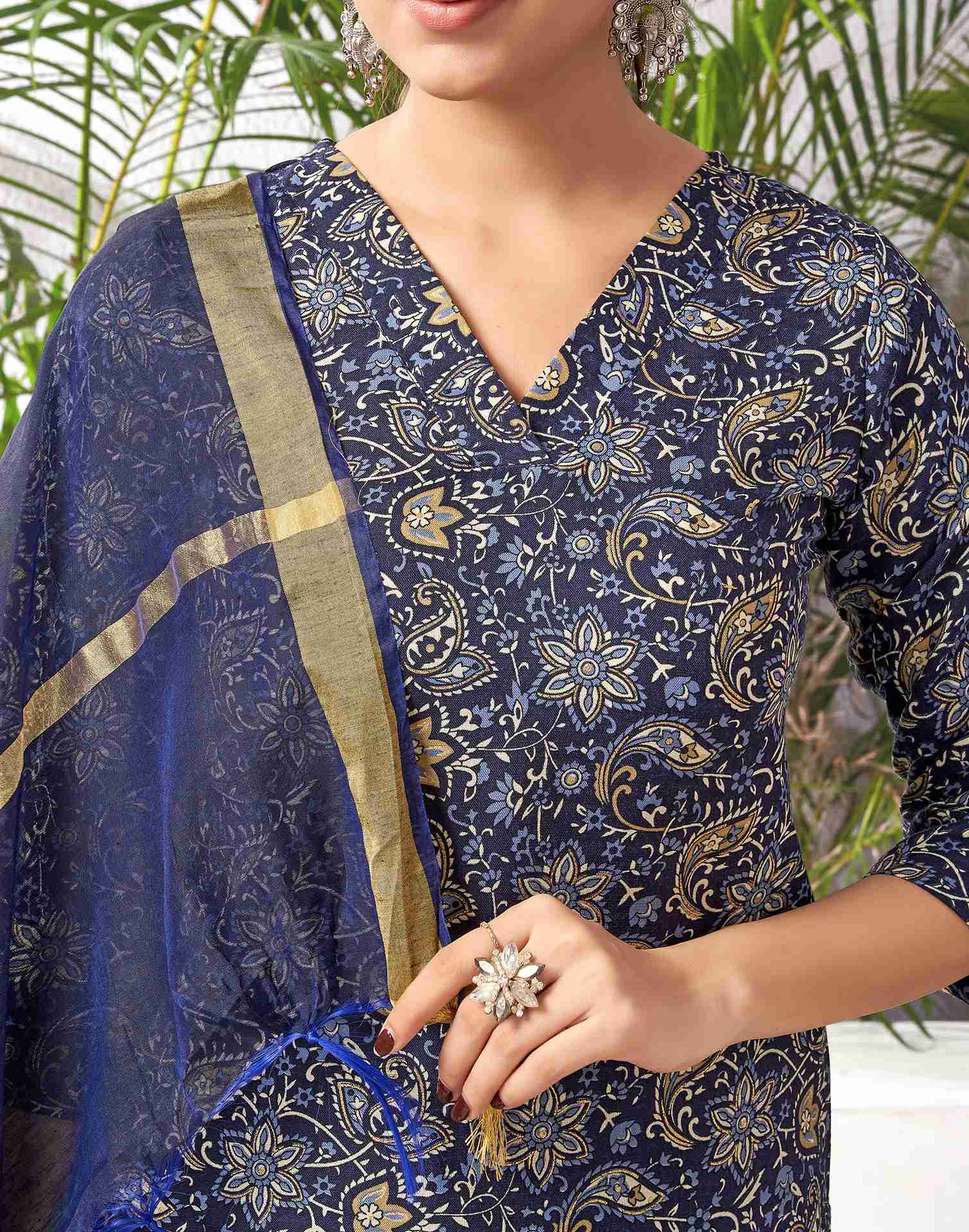 Navy Blue And Multicoloured Cotton Printed Straight Kurta Set With Dupatta