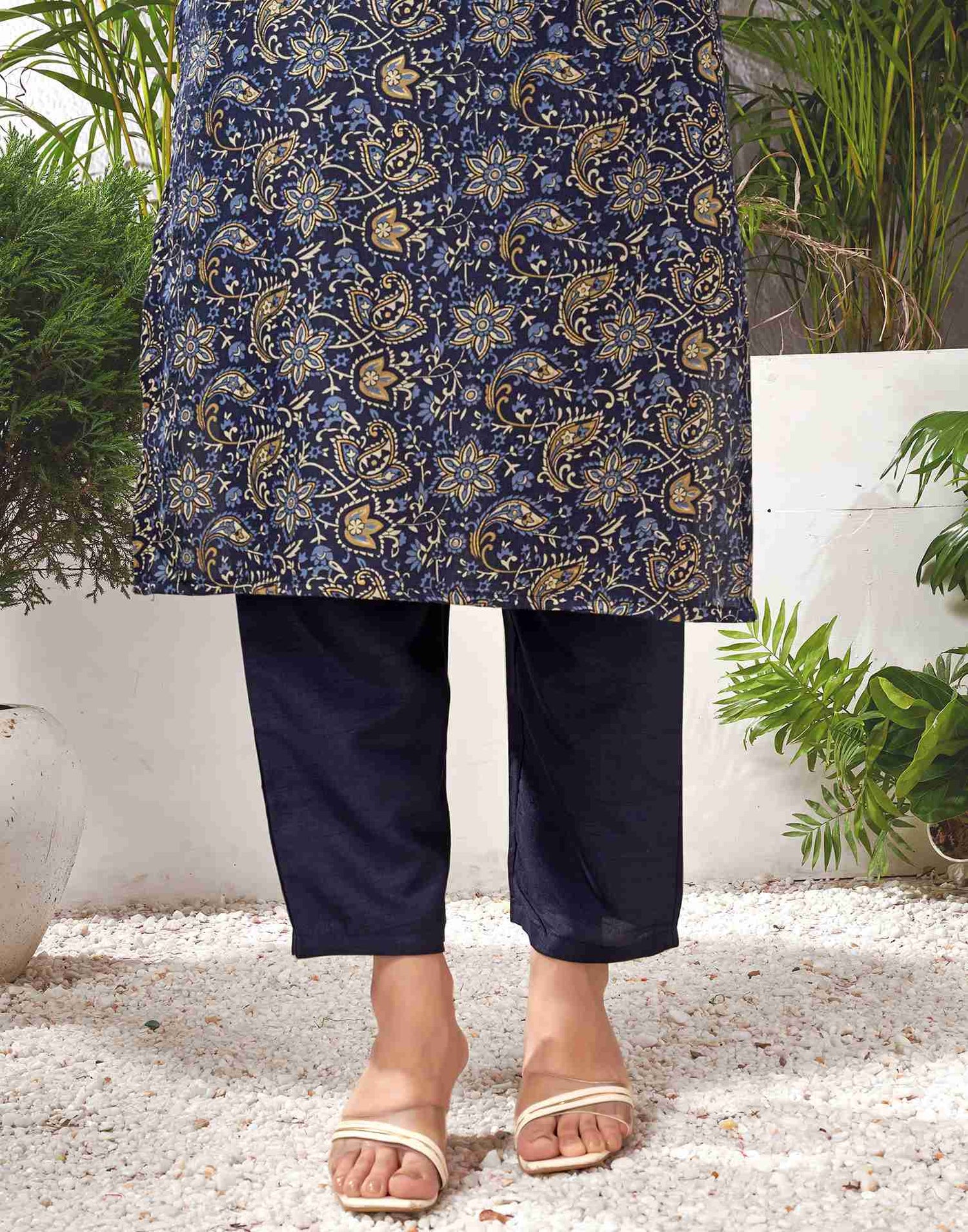 Navy Blue And Multicoloured Cotton Printed Straight Kurta Set With Dupatta