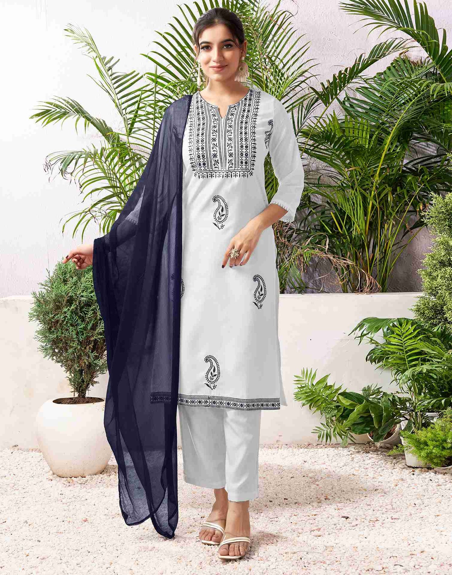 White Cotton Embroidery Straight Kurta Set With Dupatta