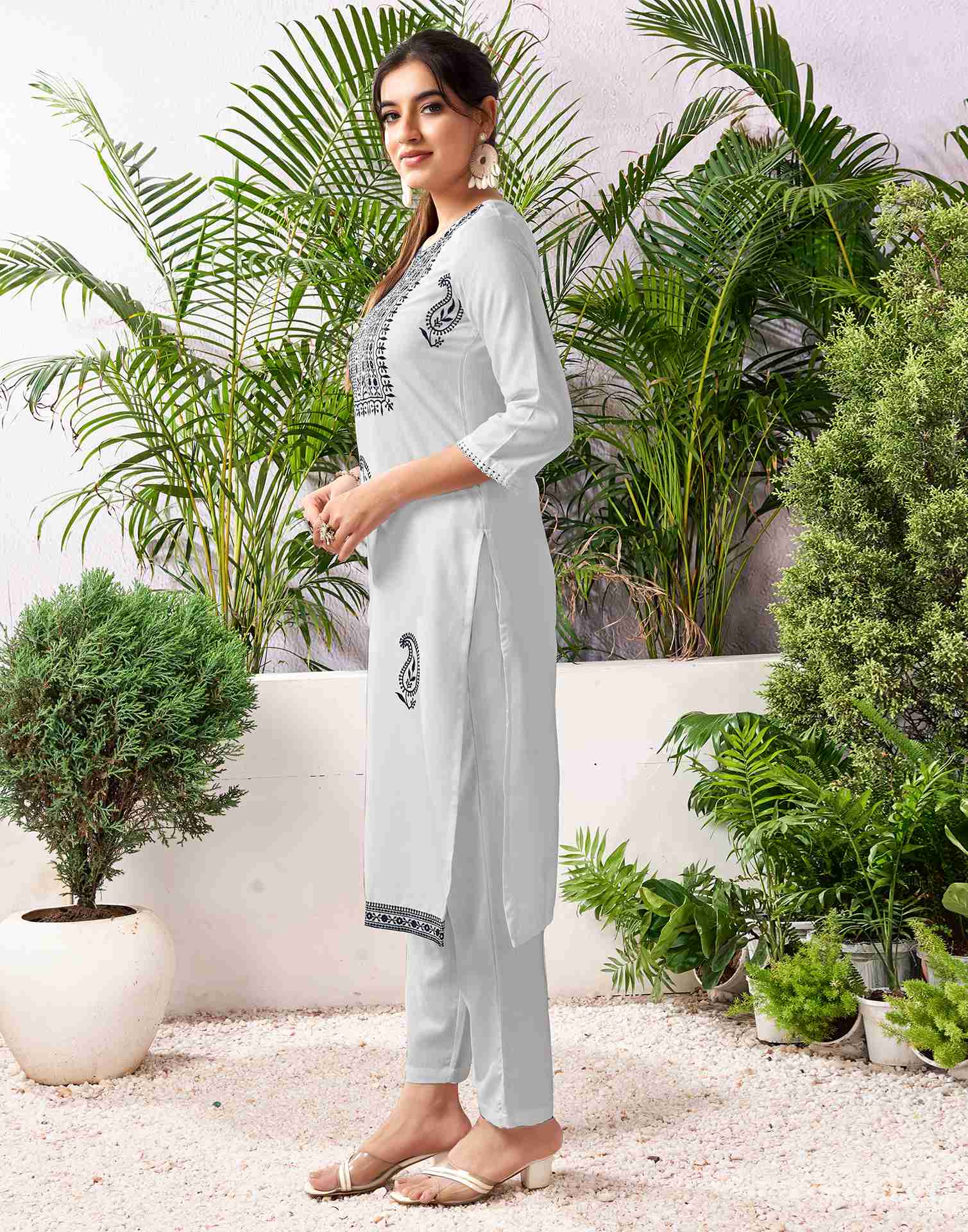 White Cotton Embroidery Straight Kurta Set With Dupatta