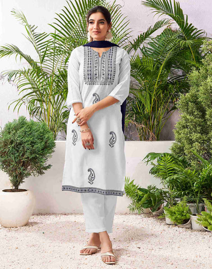 White Cotton Embroidery Straight Kurta Set With Dupatta