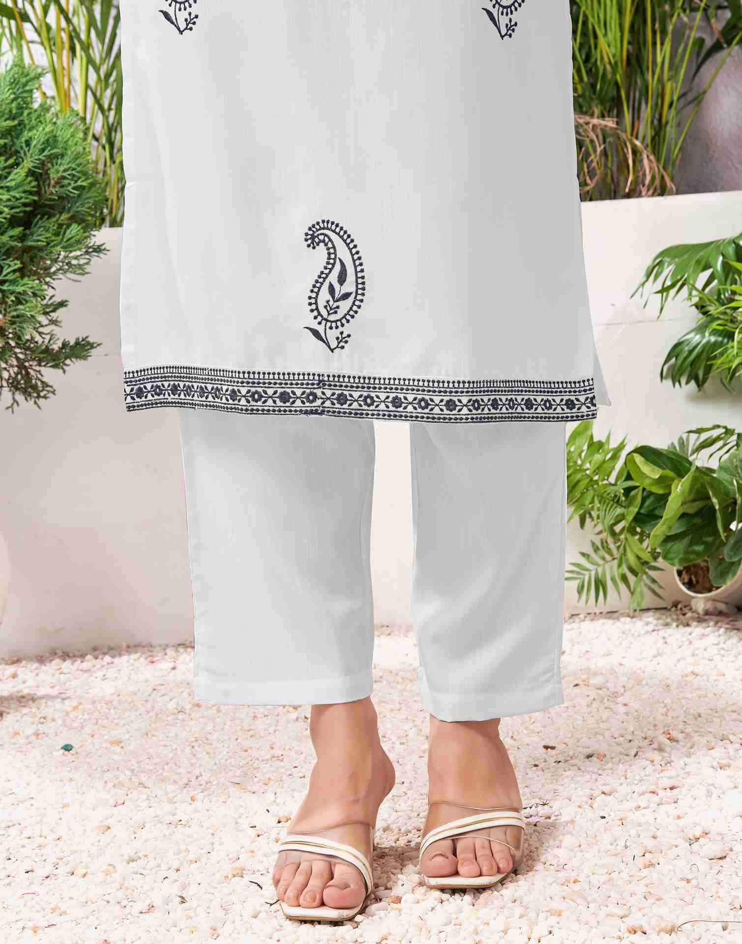 White Cotton Embroidery Straight Kurta Set With Dupatta