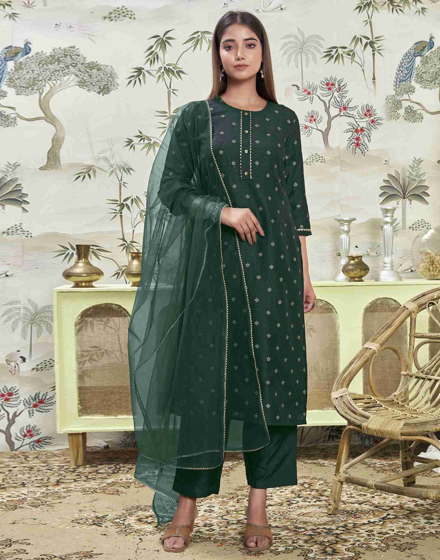 Dark Green Printed Silk Straight Kurta Set With Dupatta