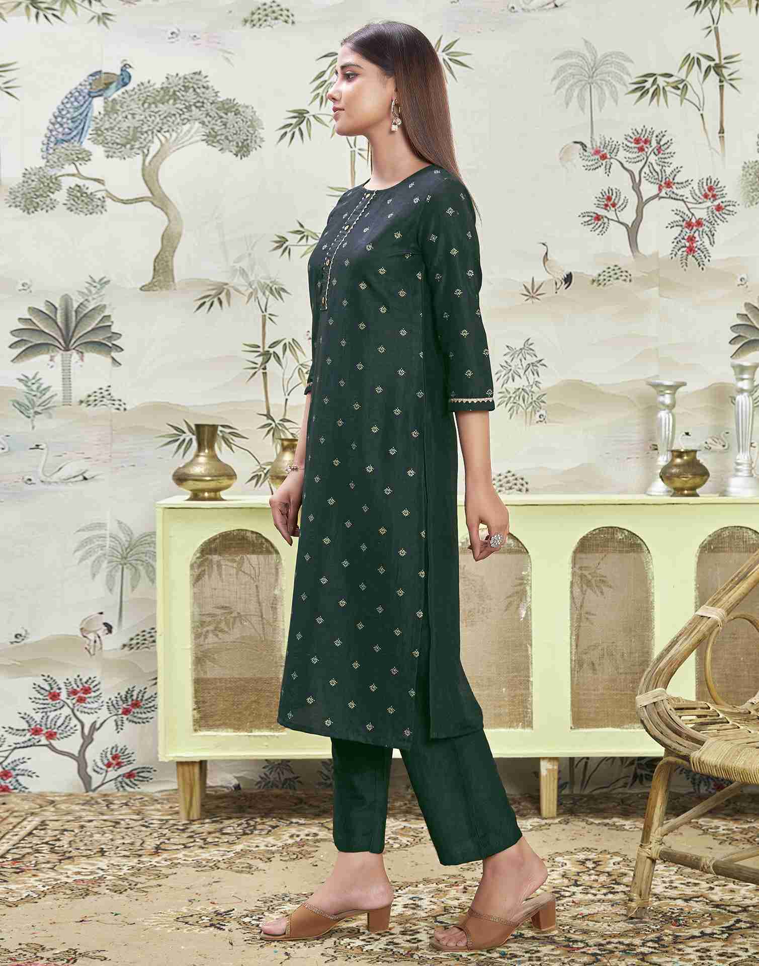 Dark Green Printed Silk Straight Kurta Set With Dupatta