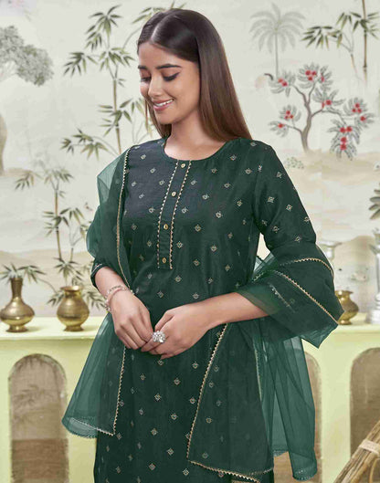 Dark Green Printed Silk Straight Kurta Set With Dupatta