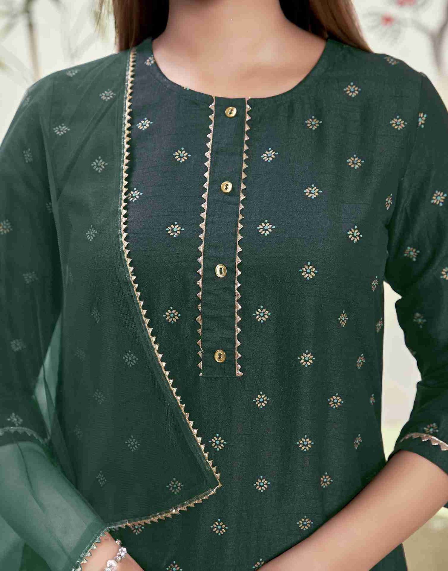 Dark Green Printed Silk Straight Kurta Set With Dupatta