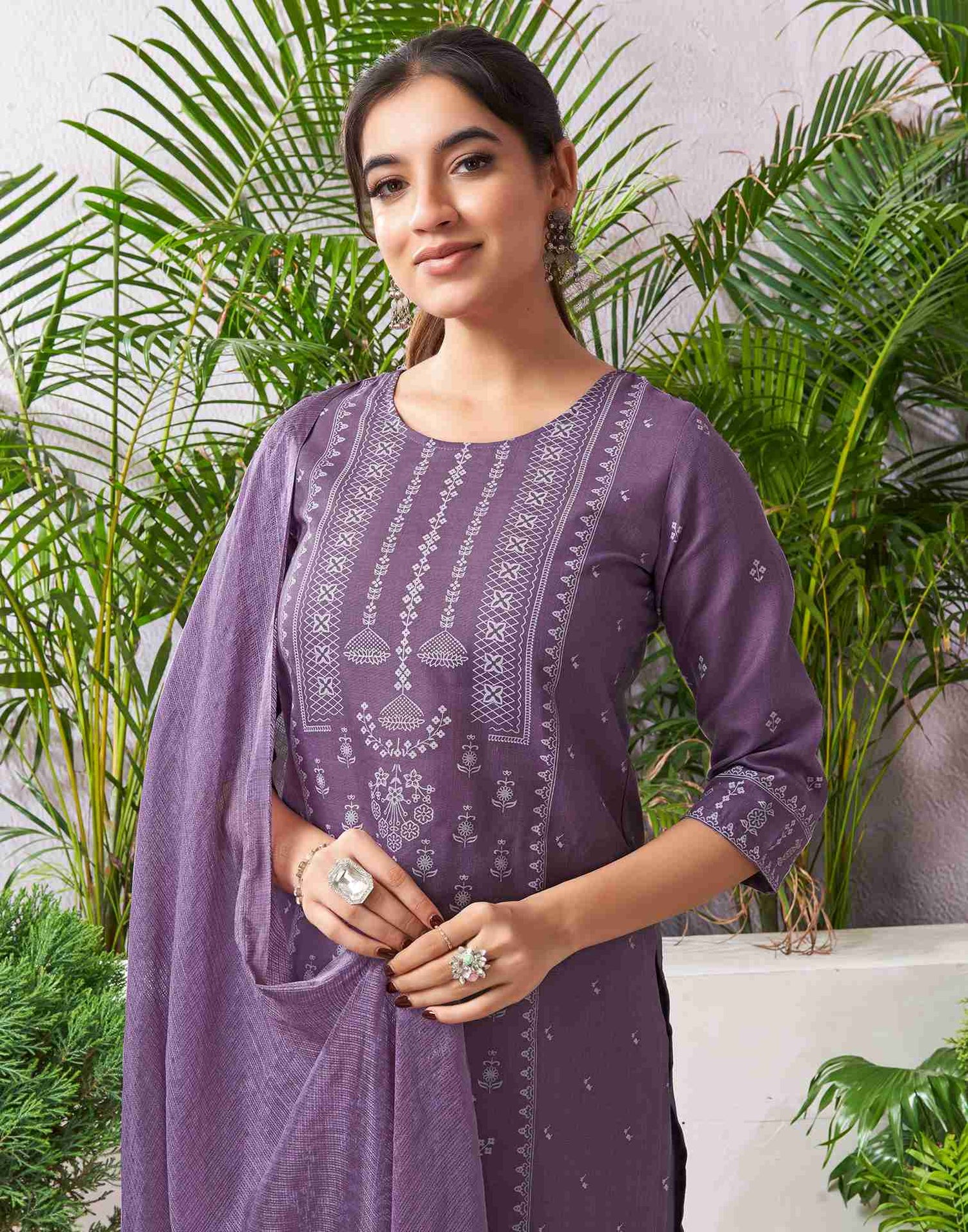 Dusty Lavender Cotton Printed Straight Kurta Set With Dupatta