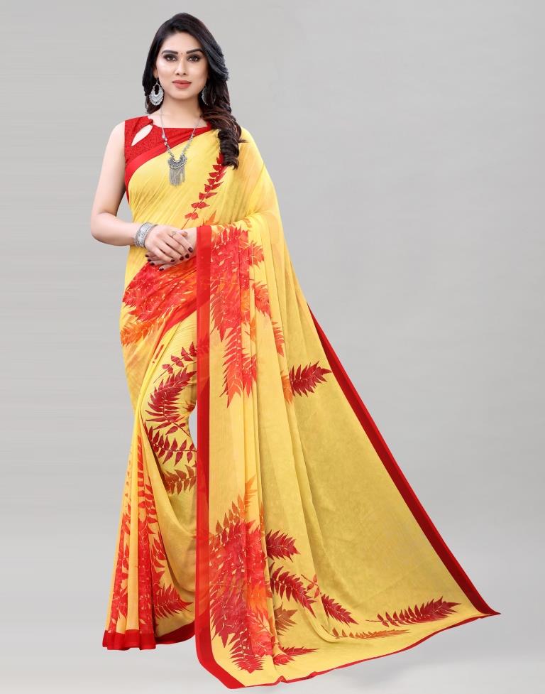 Turmeric Yellow Coloured Chiffon Printed Saree | Sudathi