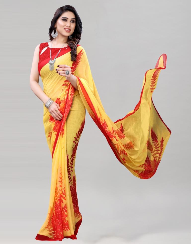 Turmeric Yellow Coloured Chiffon Printed Saree | Sudathi