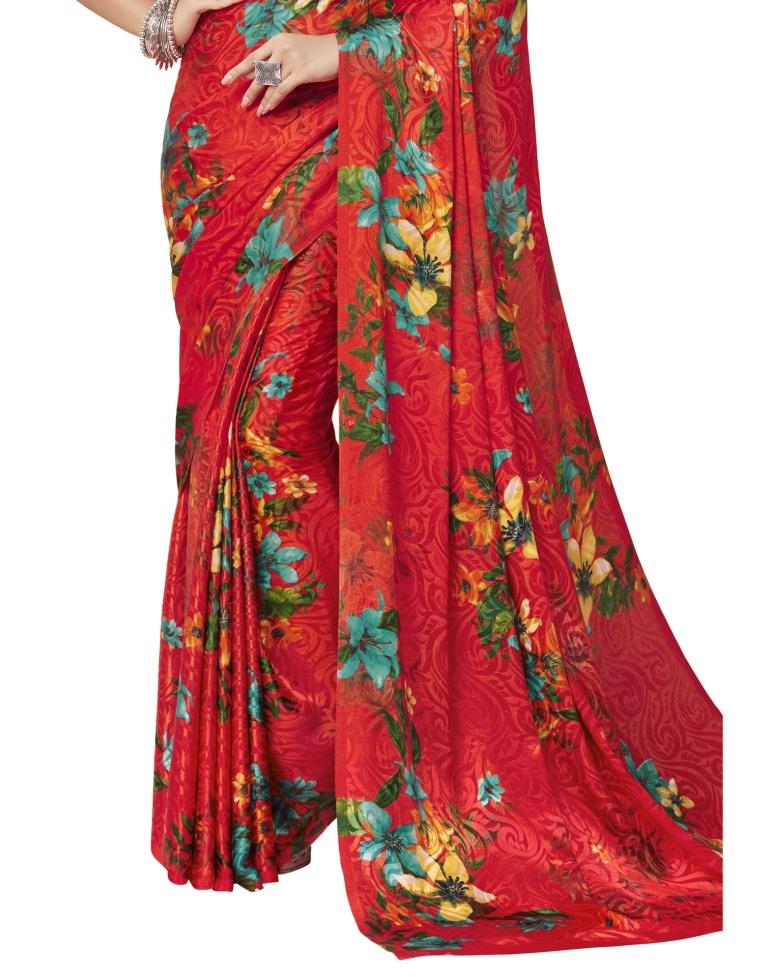 Red Coloured Silk Crepe Jacquard Partywear saree | Sudathi