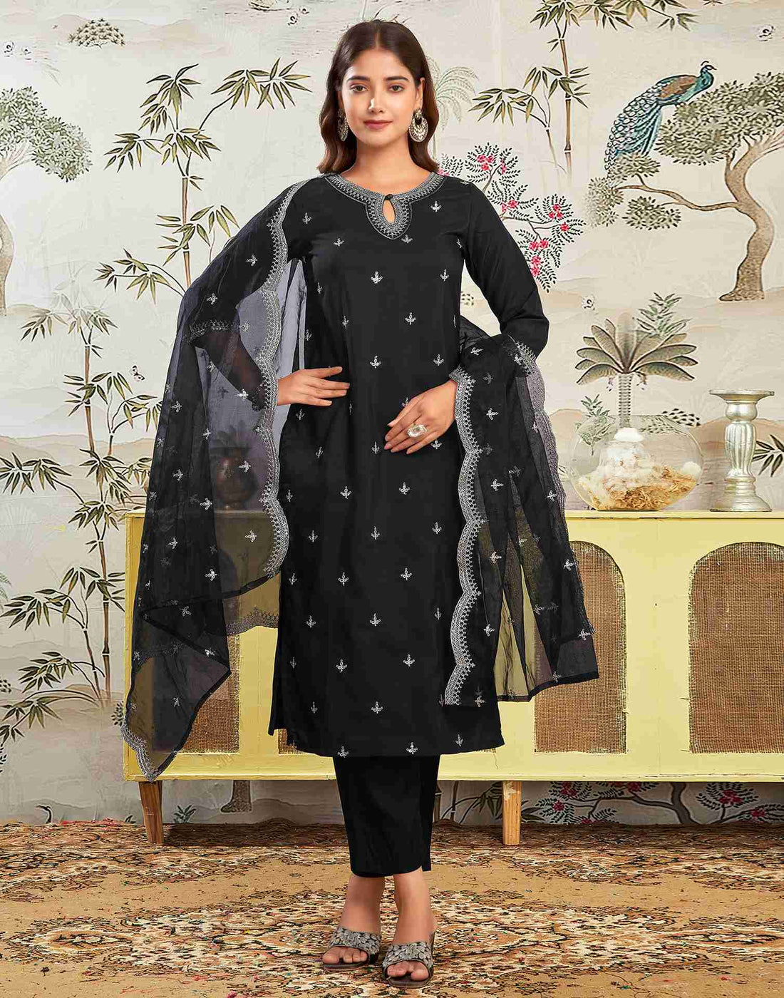 Black Rayon Embroidery Straight Kurta With Pant And Dupatta