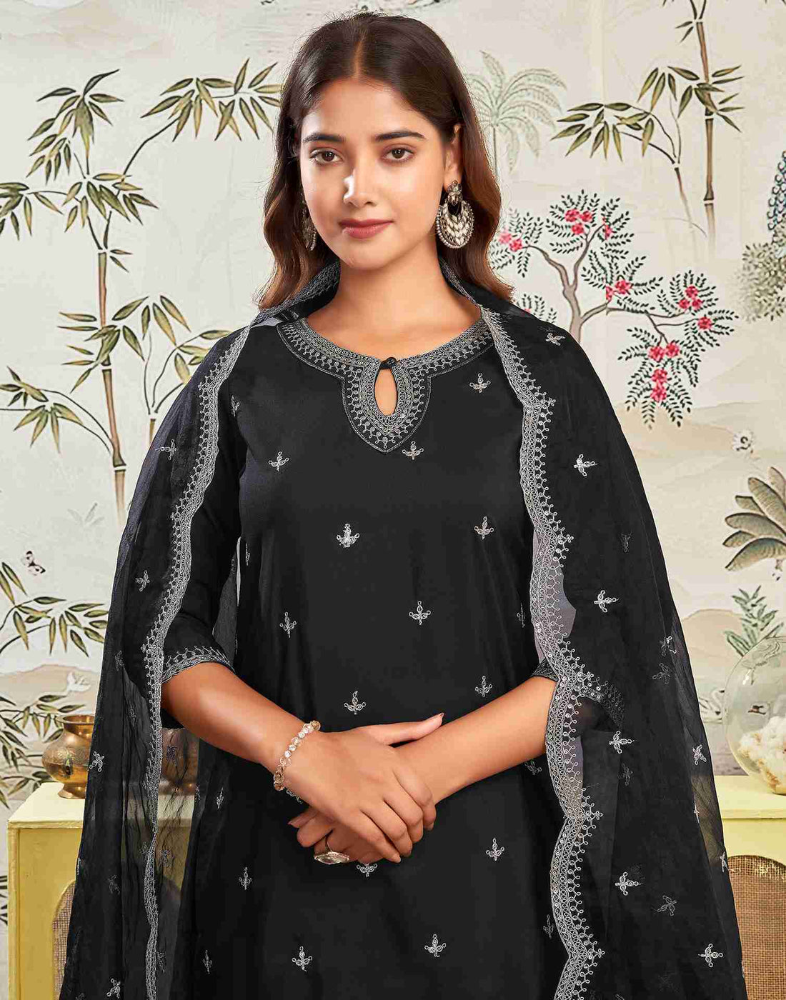 Black Rayon Embroidery Straight Kurta With Pant And Dupatta