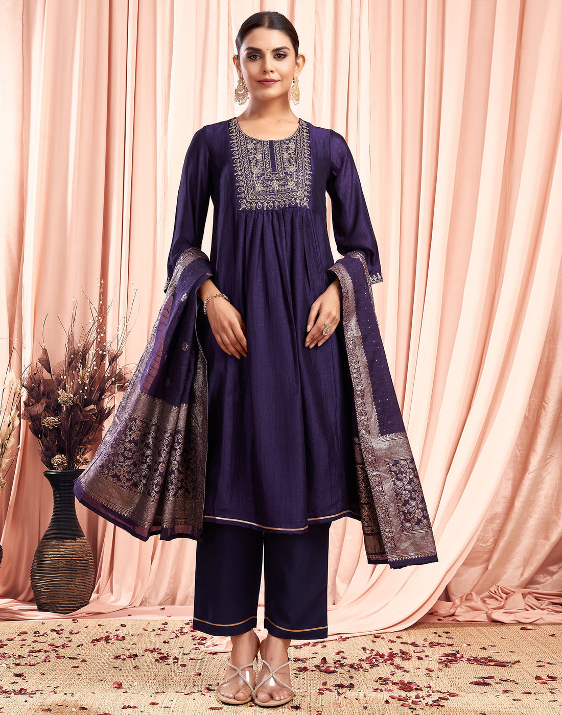 Dark Purple Silk Embroidery Flared Kurta Set  With Dupatta