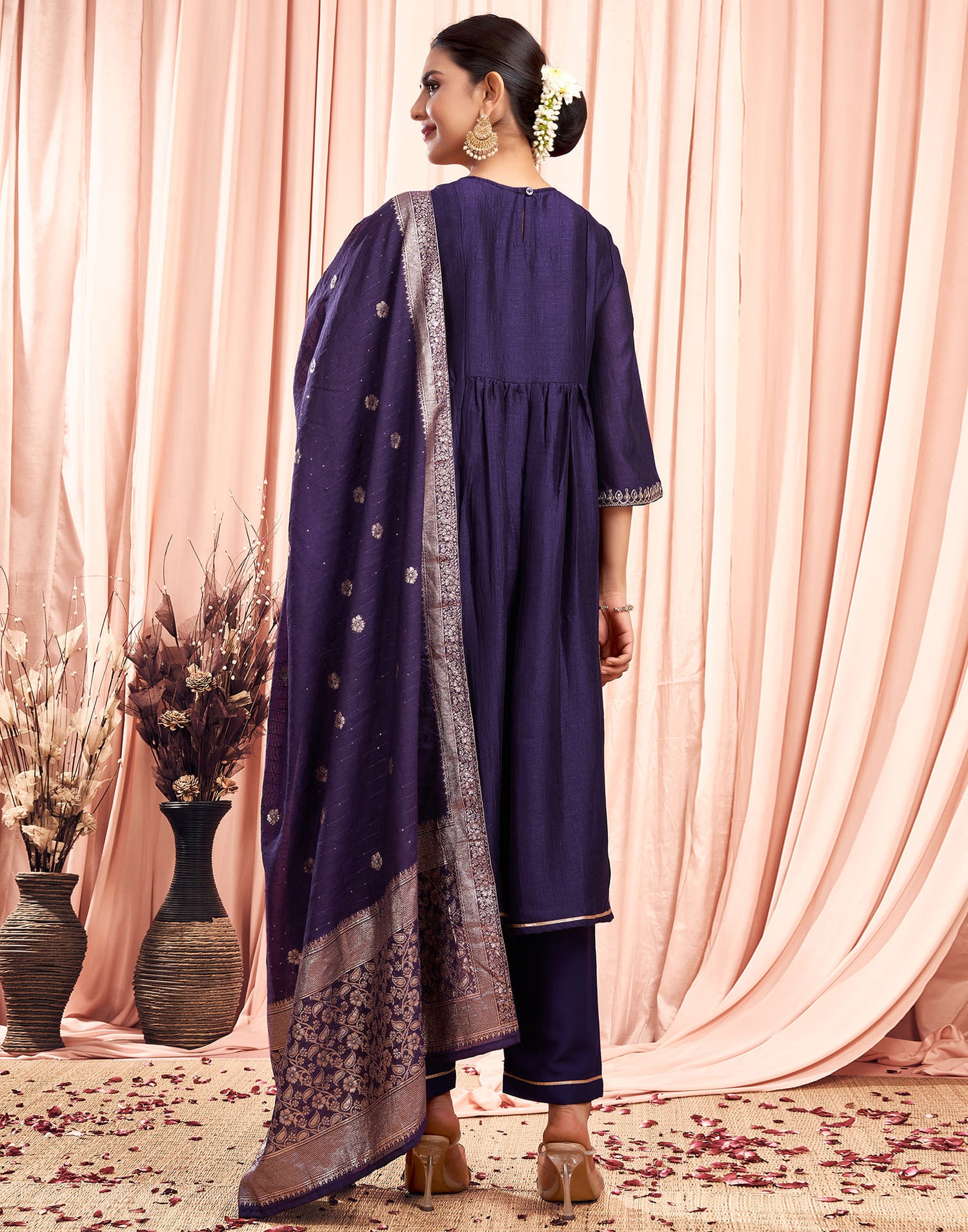 Dark Purple Silk Embroidery Flared Kurta Set  With Dupatta