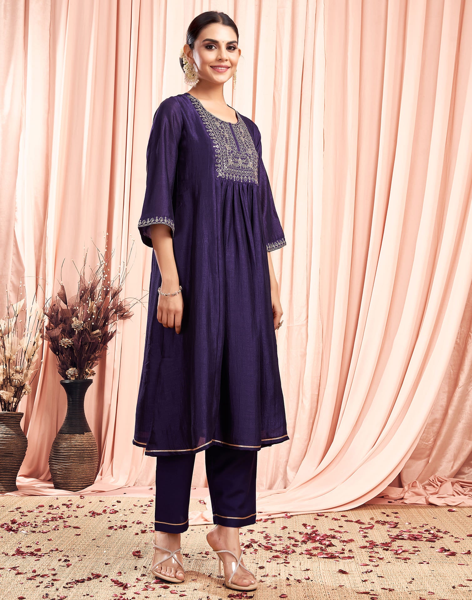 Dark Purple Silk Embroidery Flared Kurta Set  With Dupatta