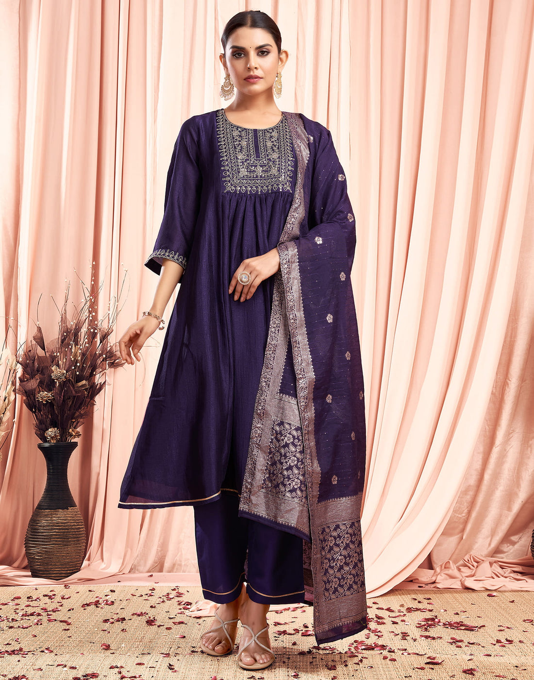 Dark Purple Silk Embroidery Flared Kurta Set  With Dupatta