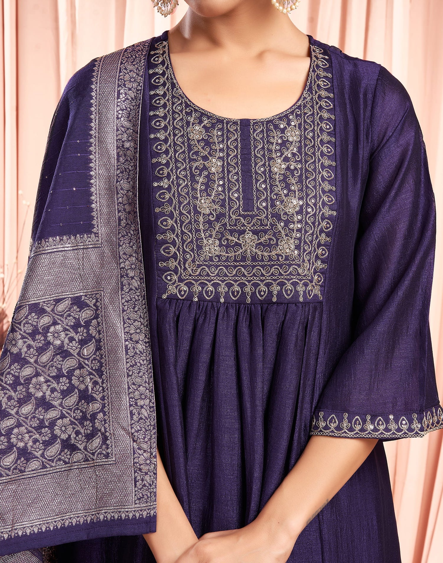 Dark Purple Silk Embroidery Flared Kurta Set  With Dupatta