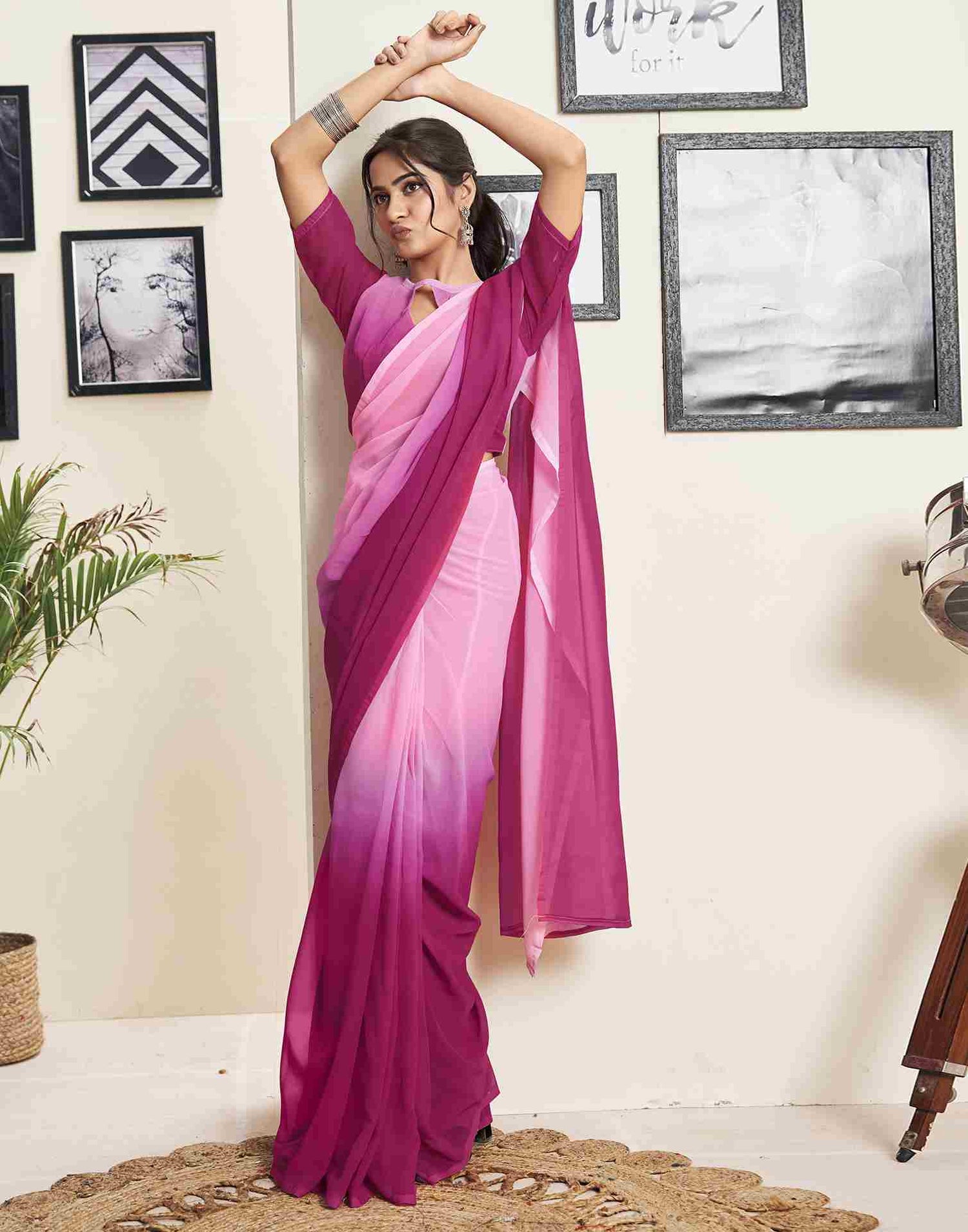 Ready To Wear Dark Pink Georgette Plain Saree