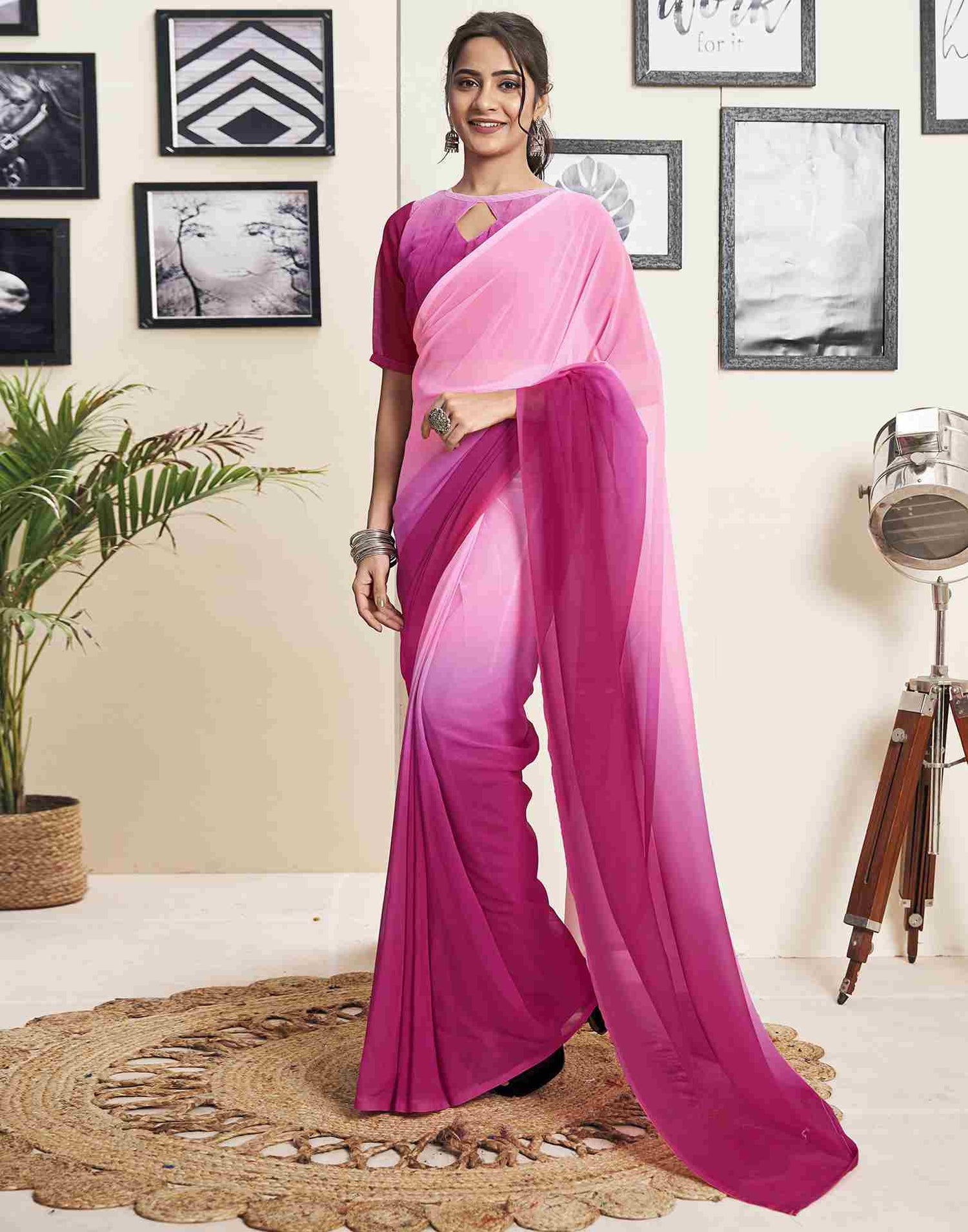 Ready To Wear Dark Pink Georgette Plain Saree