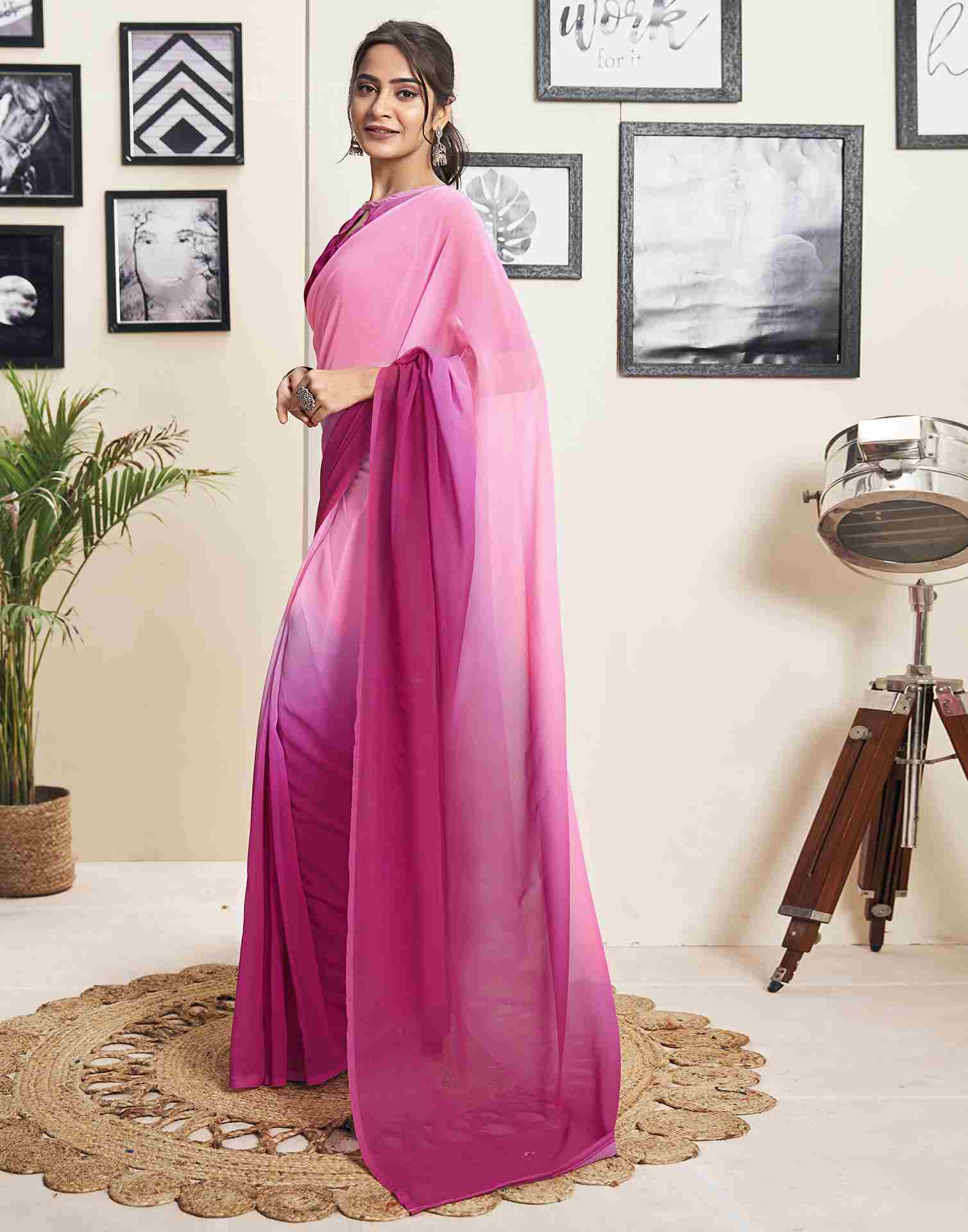 Ready To Wear Dark Pink Georgette Plain Saree