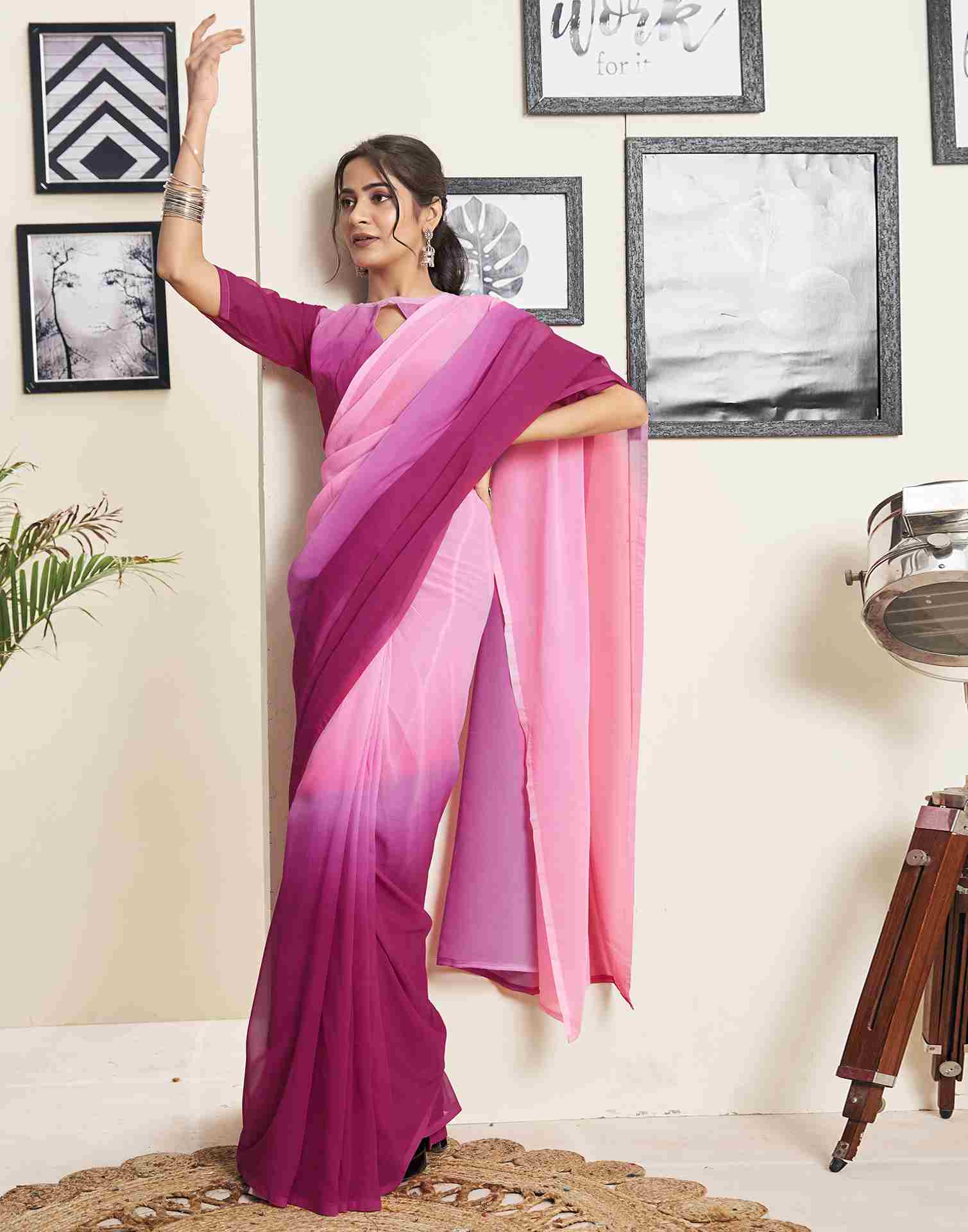 Ready To Wear Dark Pink Georgette Plain Saree