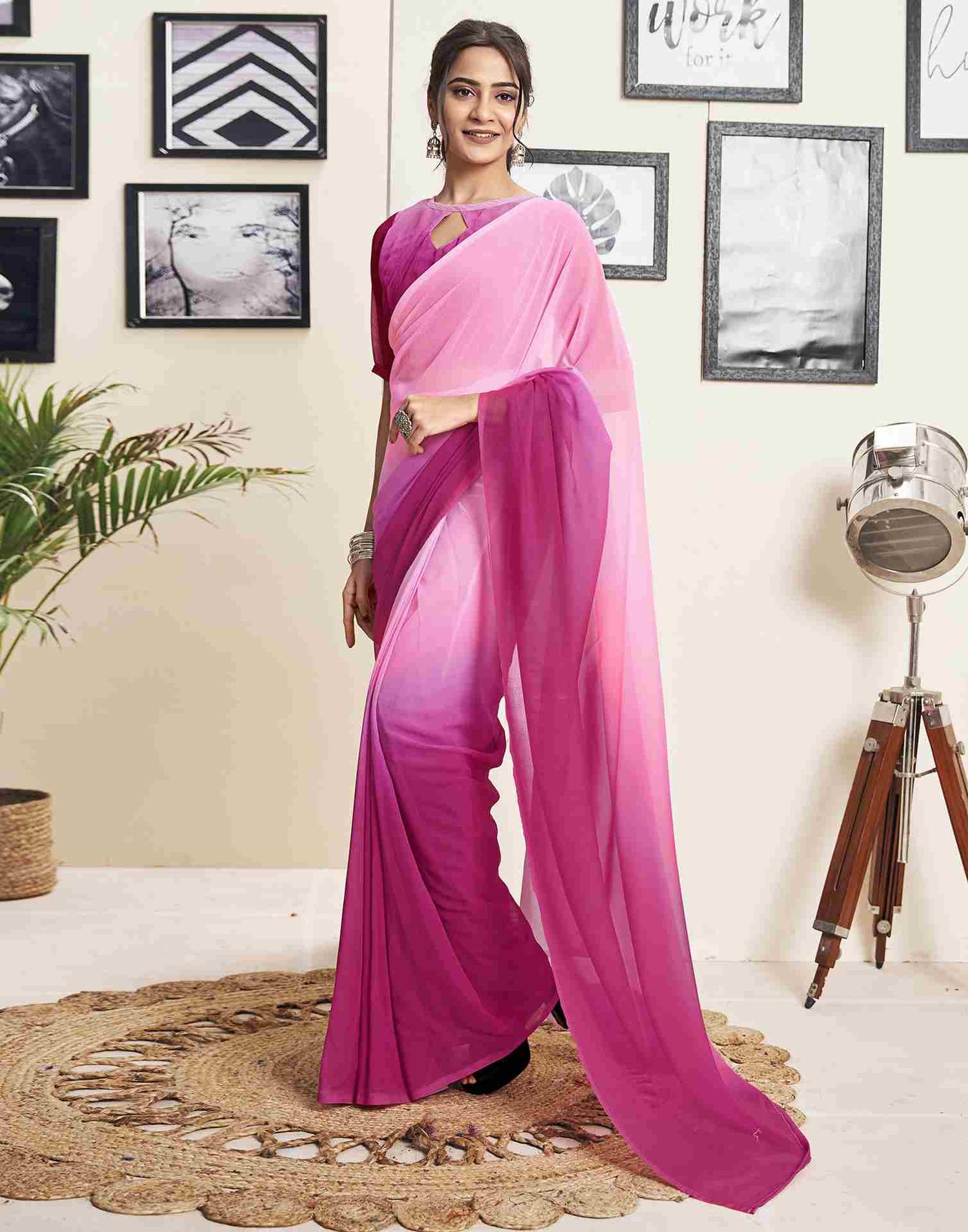 Ready To Wear Dark Pink Georgette Plain Saree