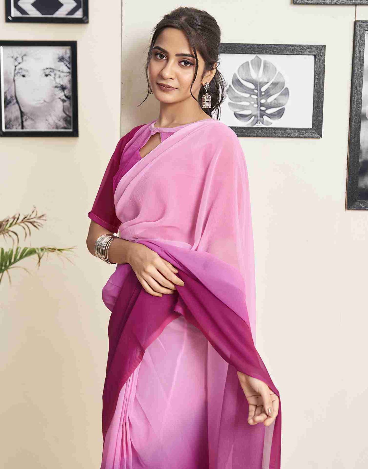 Ready To Wear Dark Pink Georgette Plain Saree