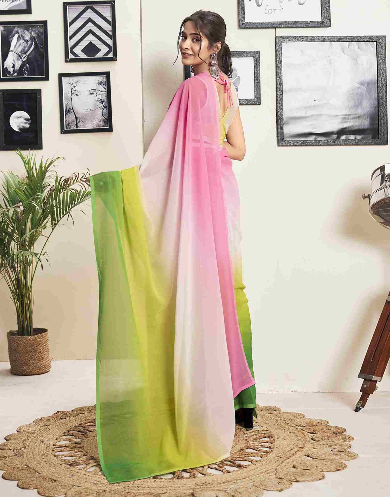 Ready To Wear Pink Georgette Plain Saree