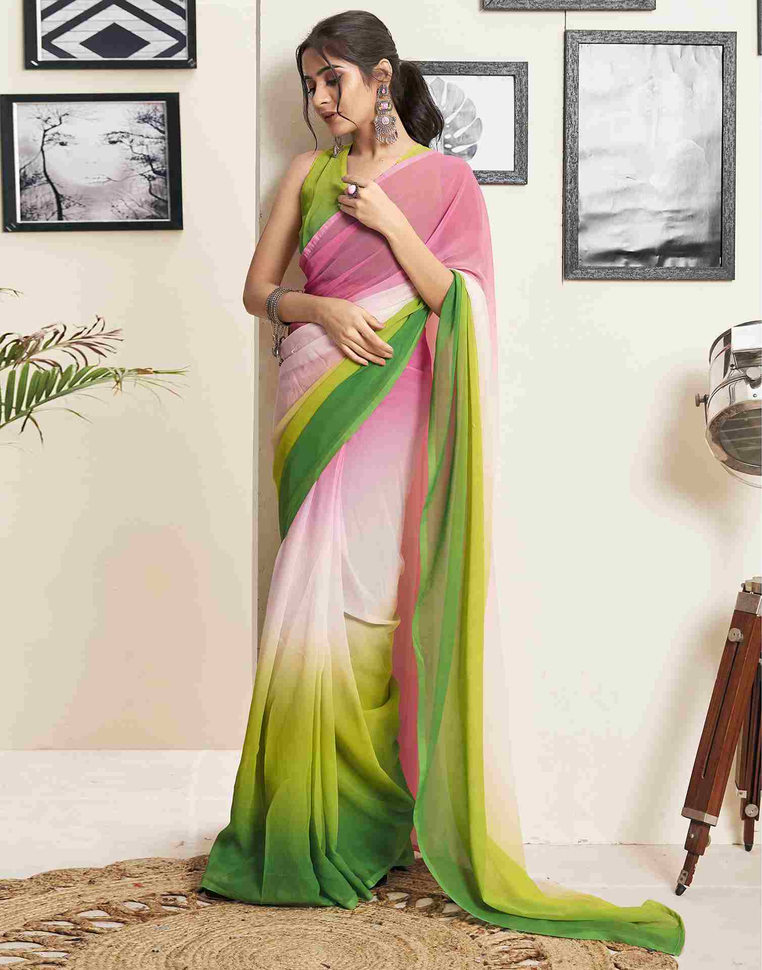 Ready To Wear Pink Georgette Plain Saree