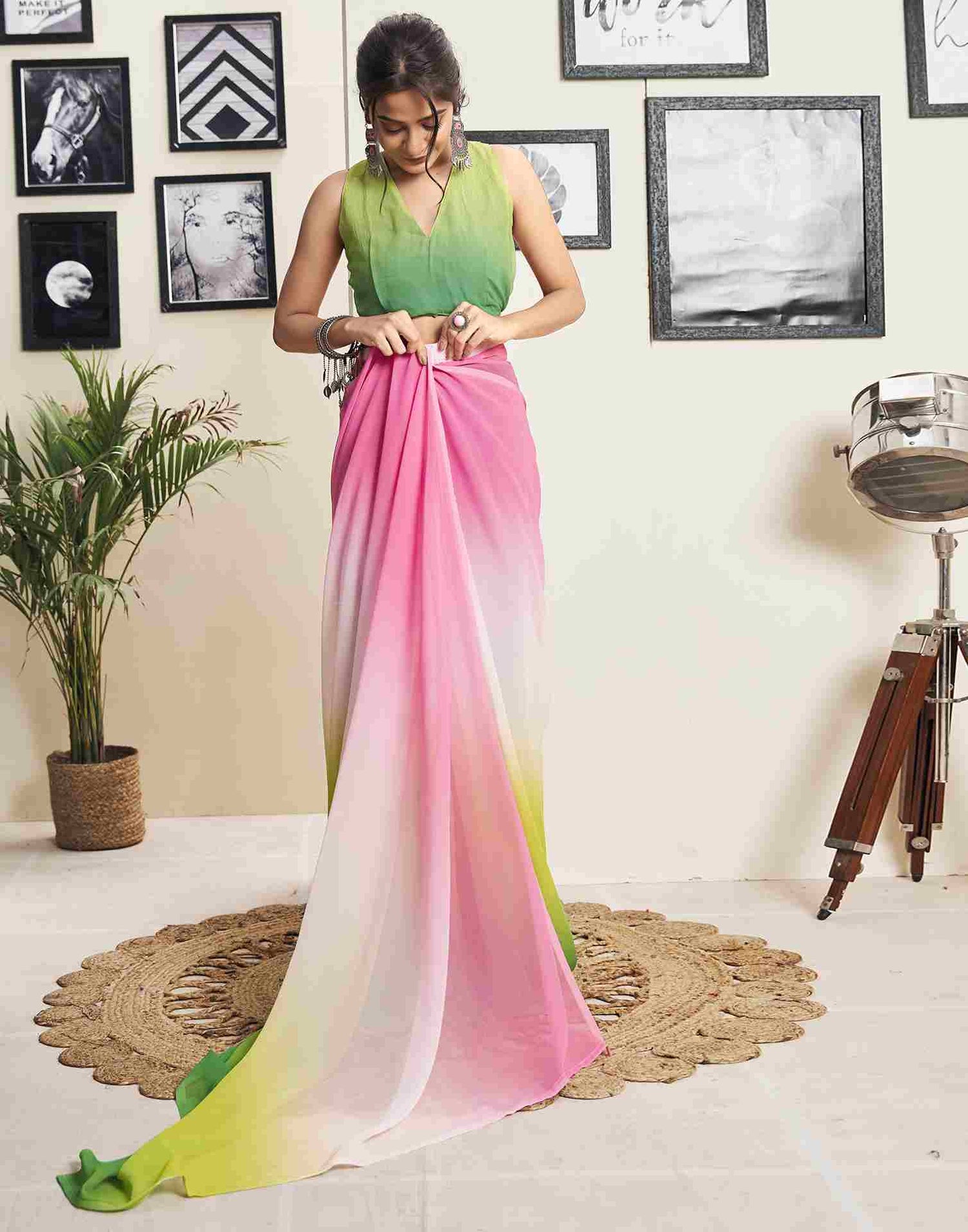 Ready To Wear Pink Georgette Plain Saree