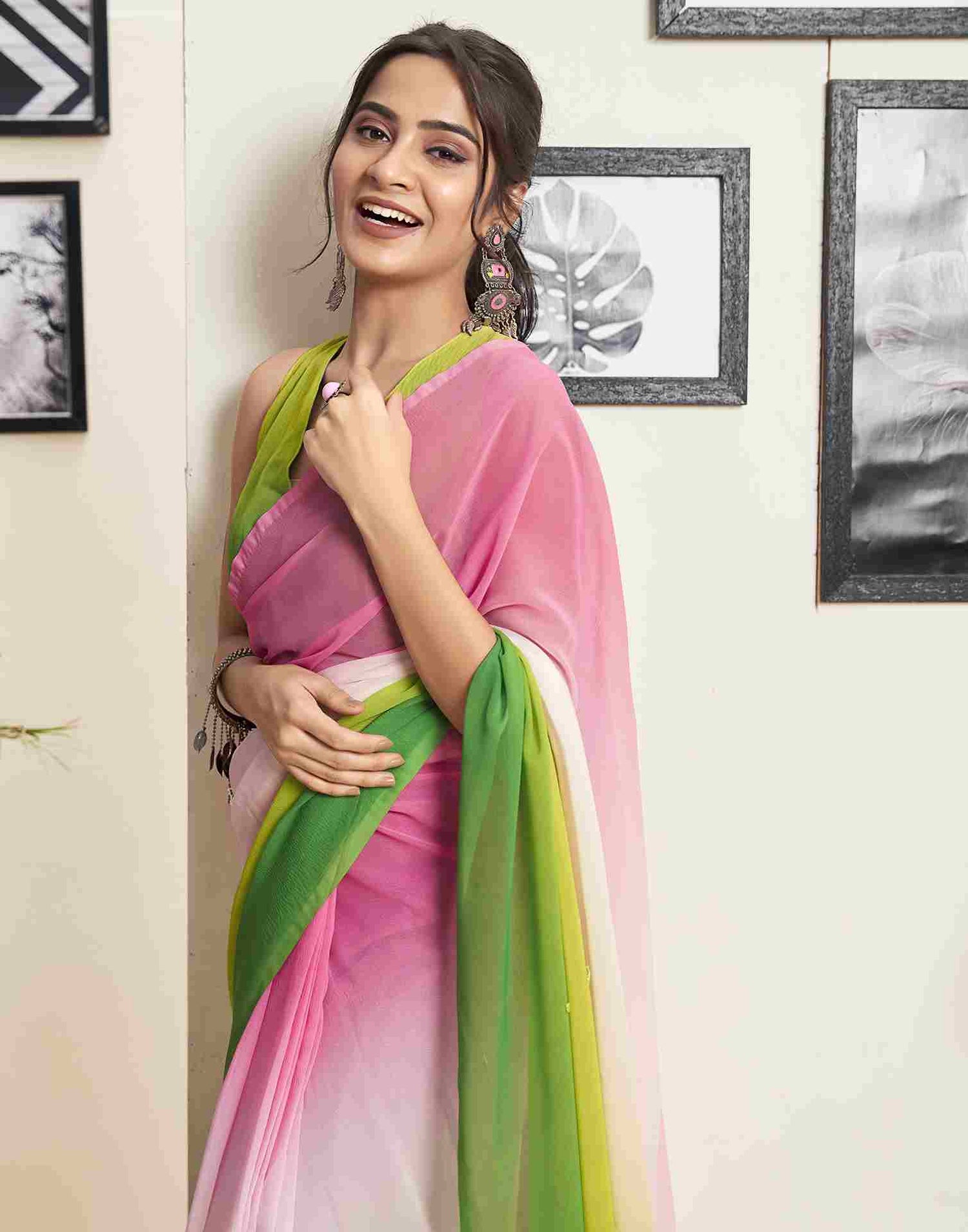 Ready To Wear Pink Georgette Plain Saree