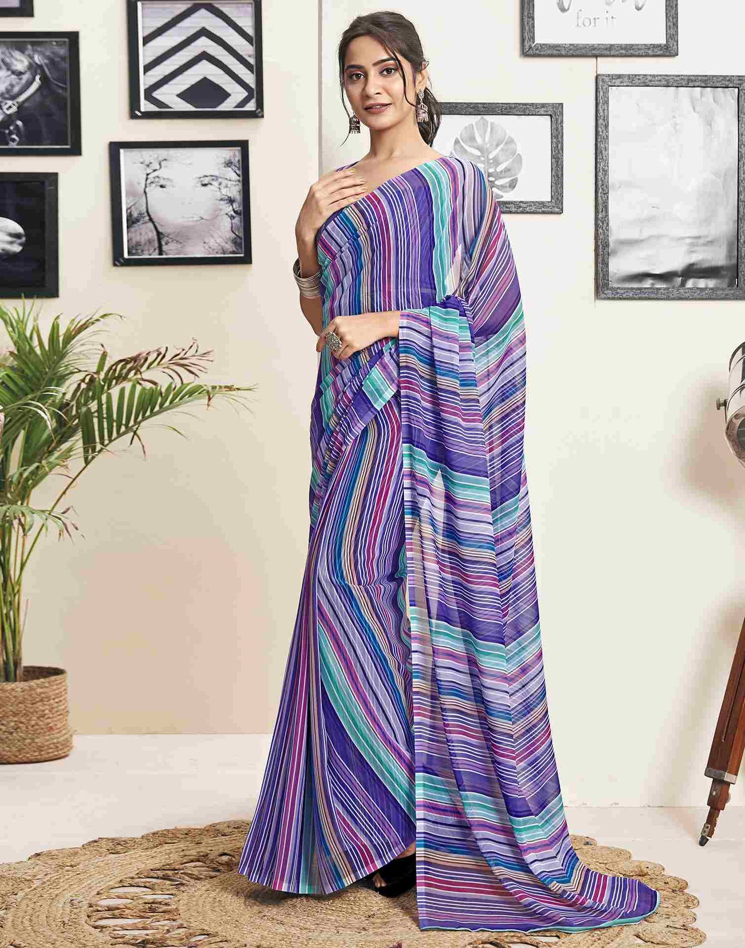 Ready To Wear Violet Georgette Printed Saree