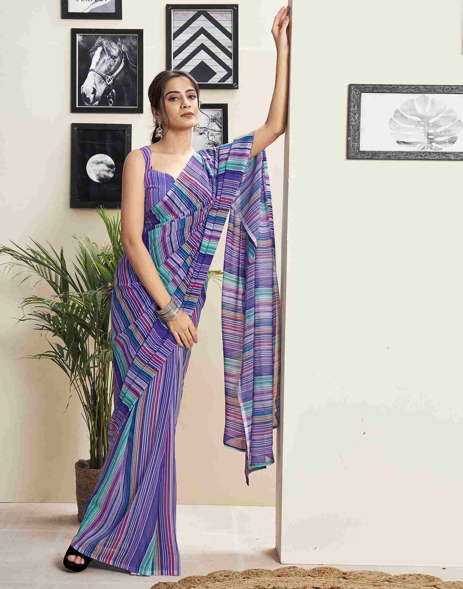 Ready To Wear Violet Georgette Printed Saree