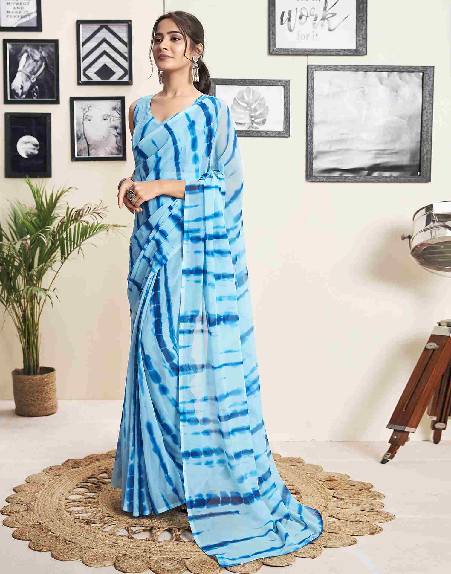 Ready To Wear Sky Blue Georgette Printed Saree