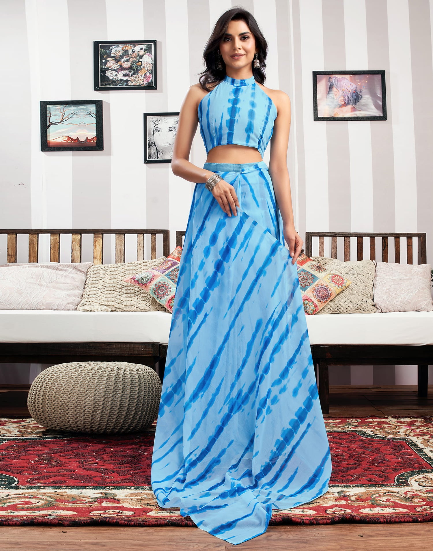 Ready To Wear Sky Blue Georgette Printed Saree