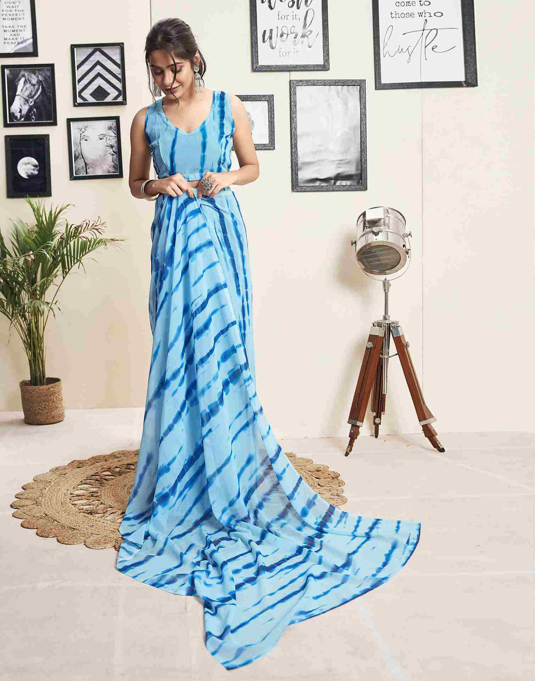 Ready To Wear Sky Blue Georgette Printed Saree