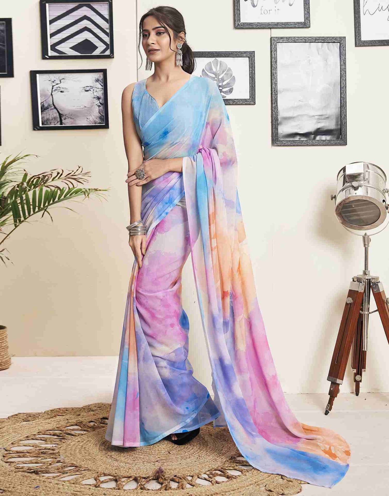 Ready To Wear Blue Georgette Printed Saree