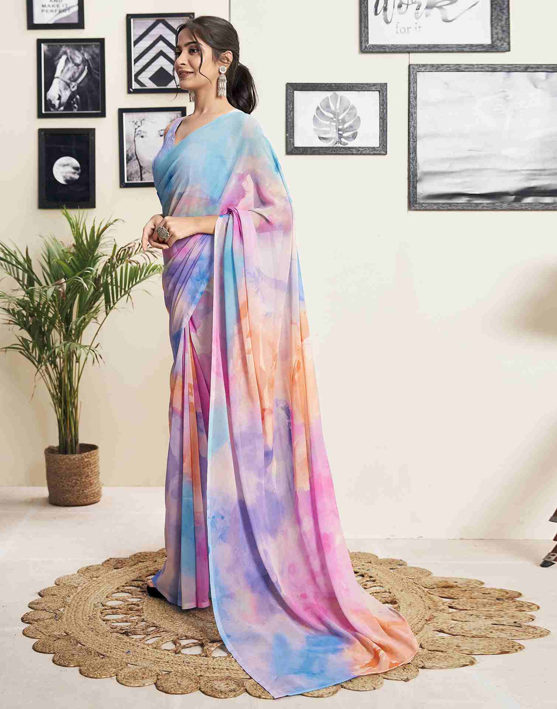 Ready To Wear Blue Georgette Printed Saree