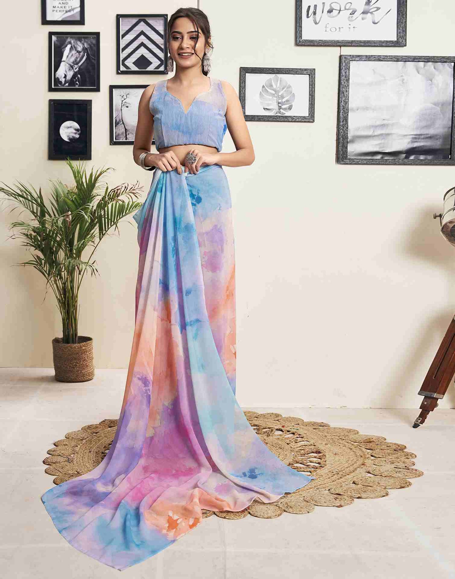 Ready To Wear Mutlicoloured Georgette Printed Saree