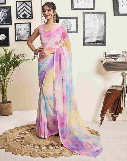 Ready To Wear Pink Georgette Printed Saree