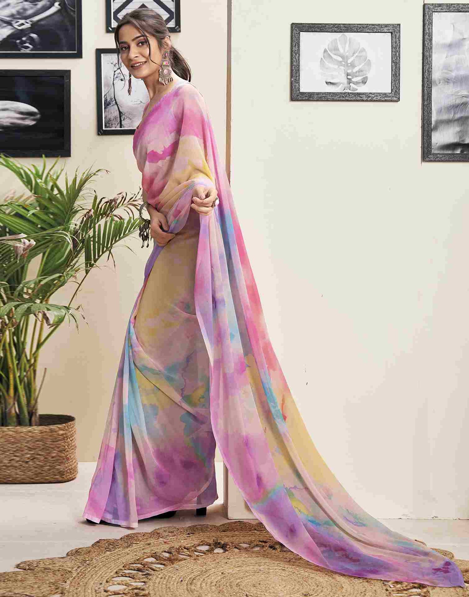 Ready To Wear Pink Georgette Printed Saree