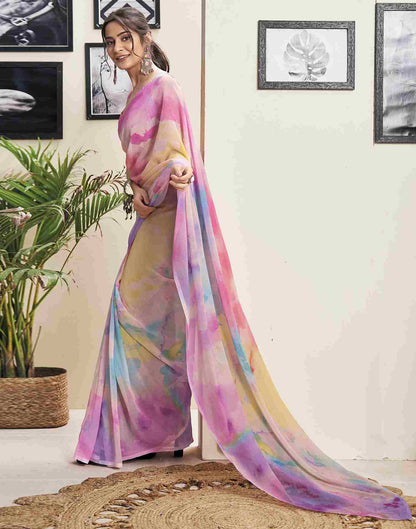 Ready To Wear Pink Georgette Printed Saree