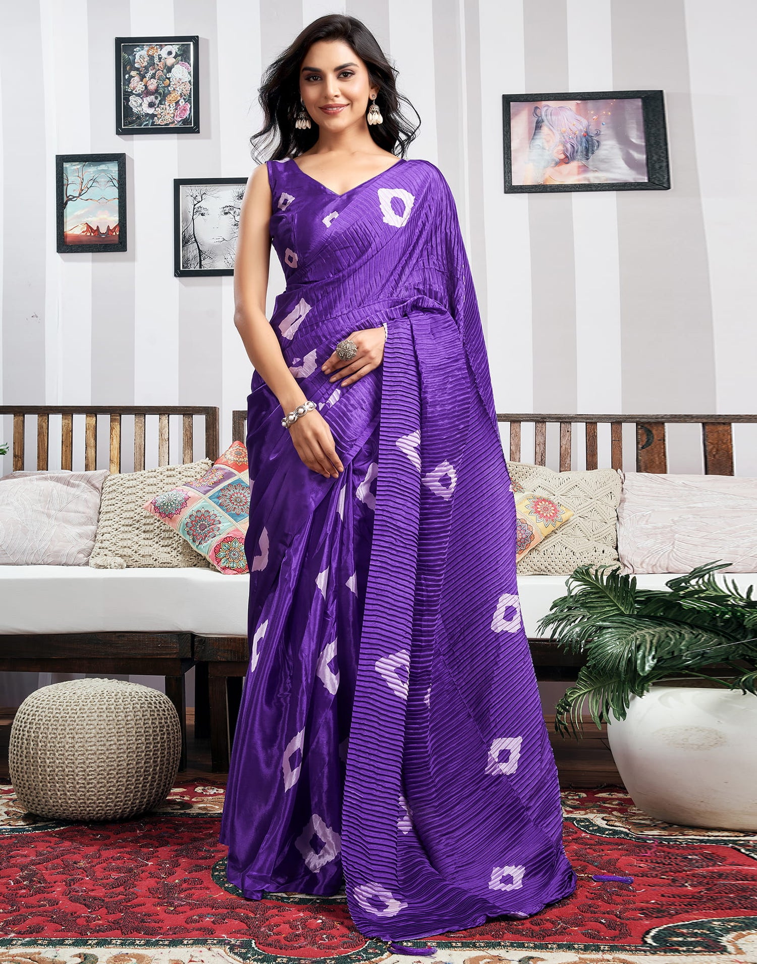 Ready To Wear Violet Silk Printed Saree