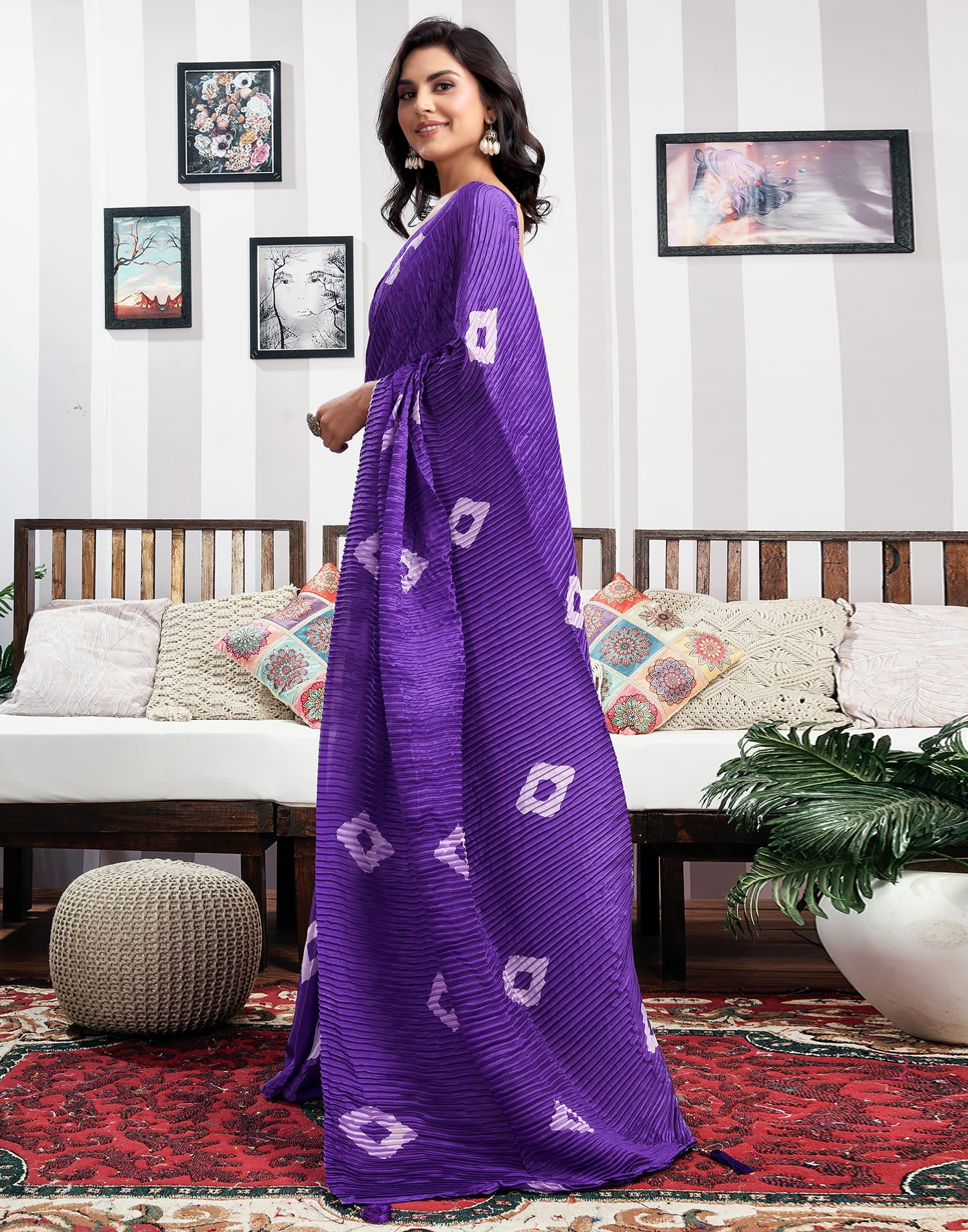 Ready To Wear Violet Silk Printed Saree