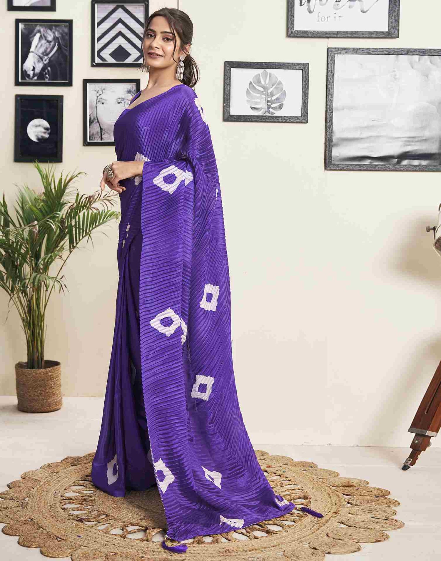 Ready To Wear Violet Silk Printed Saree