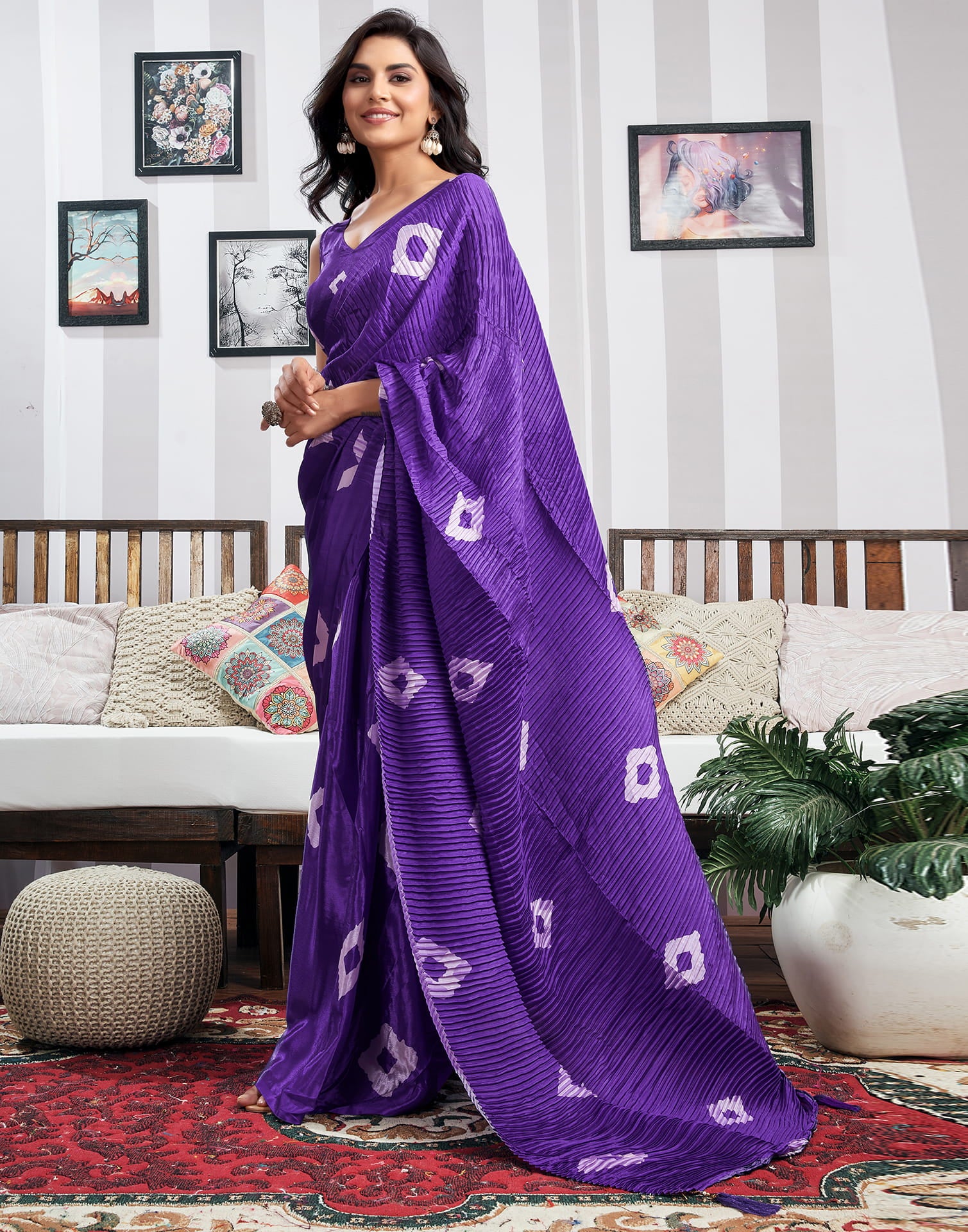 Ready To Wear Violet Silk Printed Saree