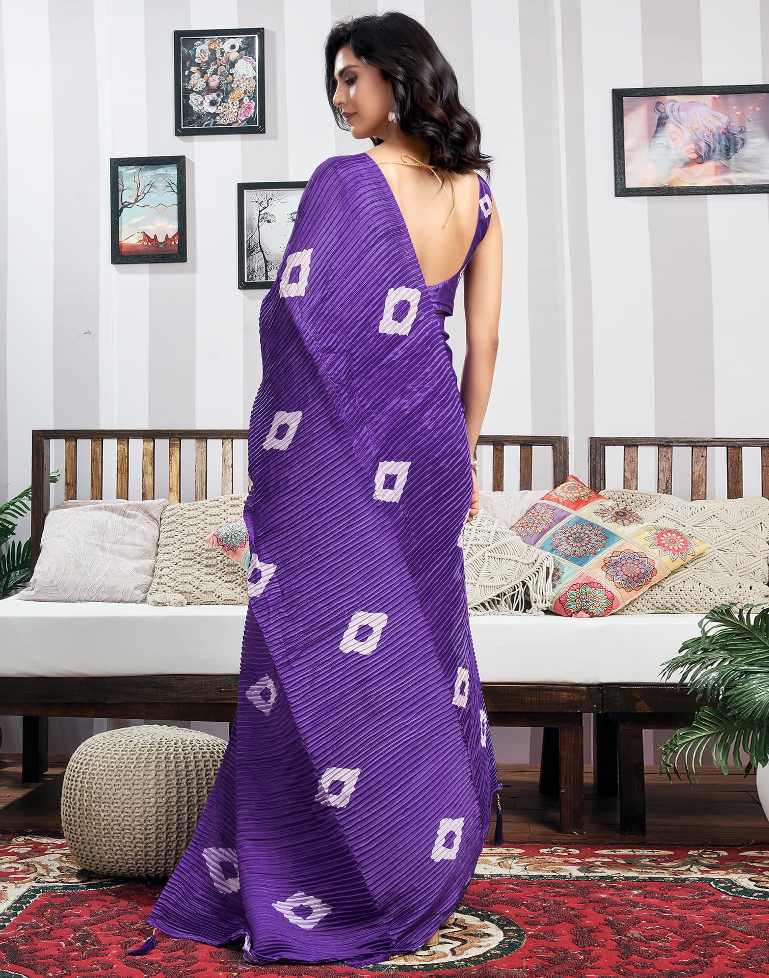 Ready To Wear Violet Silk Printed Saree